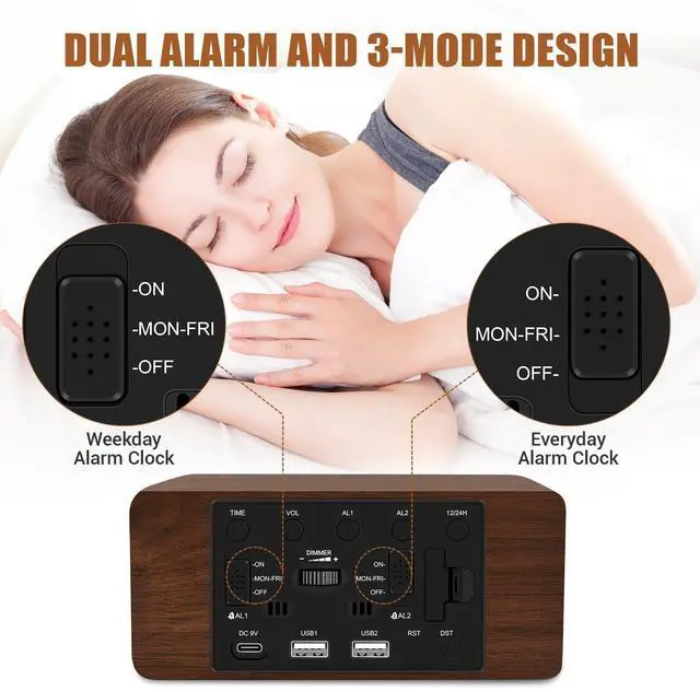 Alt view image 13 of 14 - Wood Digital Alarm Clock with 10W Fast Wireless Charger, USB Charging Ports, DST, Dimmable, Snooze, Large Number LED Display for Bedrooms, Desk, Living Room Table, Bedside, Nightstand (Brown)