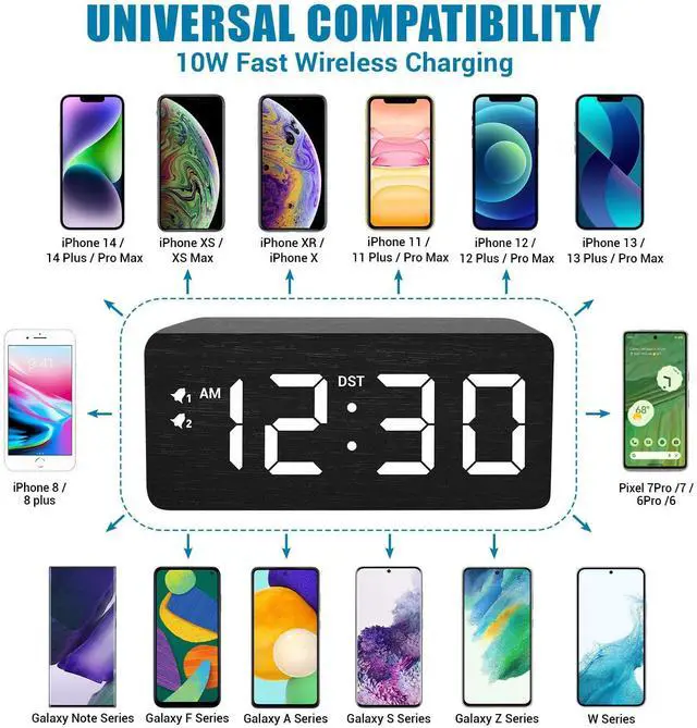 Alt view image 11 of 14 - Wood Digital Alarm Clock with 10W Fast Wireless Charger, USB Charging Ports, DST, Dimmable, Snooze, Large Number LED Display for Bedrooms, Desk, Living Room Table, Bedside, Nightstand (Black)
