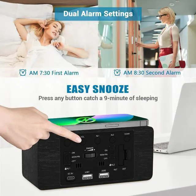 Alt view image 12 of 14 - Wood Digital Alarm Clock with 10W Fast Wireless Charger, USB Charging Ports, DST, Dimmable, Snooze, Large Number LED Display for Bedrooms, Desk, Living Room Table, Bedside, Nightstand (Black)