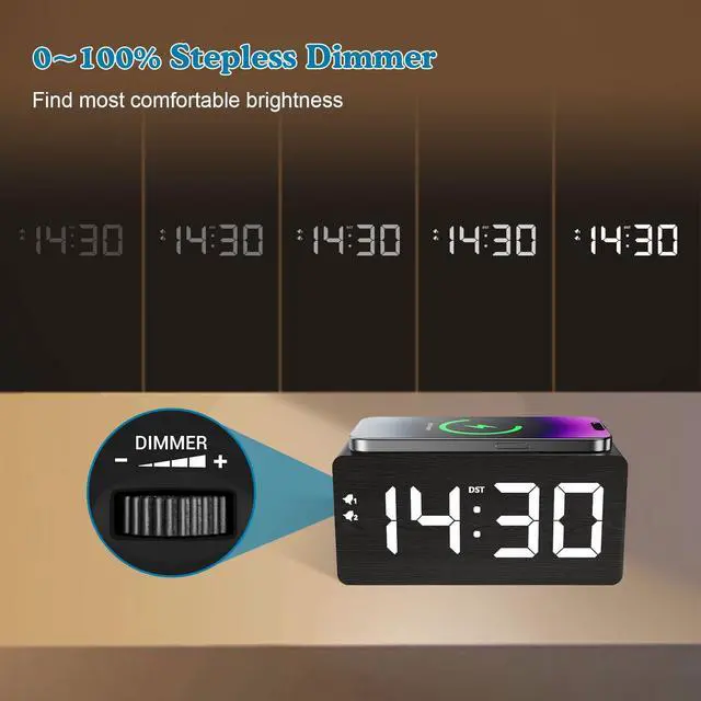 Alt view image 10 of 14 - Wood Digital Alarm Clock with 10W Fast Wireless Charger, USB Charging Ports, DST, Dimmable, Snooze, Large Number LED Display for Bedrooms, Desk, Living Room Table, Bedside, Nightstand (Black)