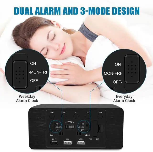 Alt view image 13 of 14 - Wood Digital Alarm Clock with 10W Fast Wireless Charger, USB Charging Ports, DST, Dimmable, Snooze, Large Number LED Display for Bedrooms, Desk, Living Room Table, Bedside, Nightstand (Black)