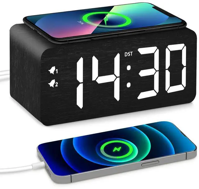 Alt view image 8 of 14 - Wood Digital Alarm Clock with 10W Fast Wireless Charger, USB Charging Ports, DST, Dimmable, Snooze, Large Number LED Display for Bedrooms, Desk, Living Room Table, Bedside, Nightstand (Black)