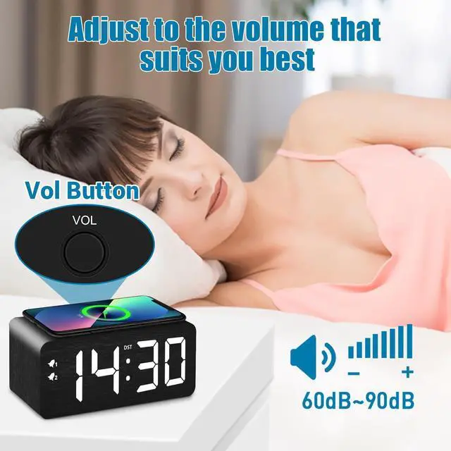 Alt view image 14 of 14 - Wood Digital Alarm Clock with 10W Fast Wireless Charger, USB Charging Ports, DST, Dimmable, Snooze, Large Number LED Display for Bedrooms, Desk, Living Room Table, Bedside, Nightstand (Black)