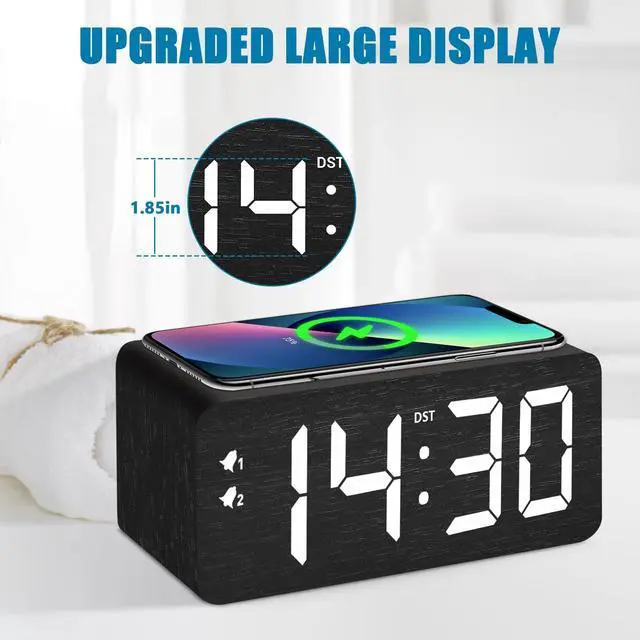 Alt view image 9 of 14 - Wood Digital Alarm Clock with 10W Fast Wireless Charger, USB Charging Ports, DST, Dimmable, Snooze, Large Number LED Display for Bedrooms, Desk, Living Room Table, Bedside, Nightstand (Black)