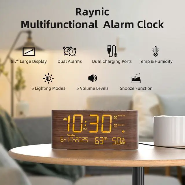 Alt view image 9 of 14 - Digital Alarm Clock, Dual Alarms, 8.7" Large LED Display, USB & Type-C Charging Ports, Temperature & Humidity Display, 5-Level Dimmer & Volume for Bedroom & Home Office, Dark Wood Grain Finish