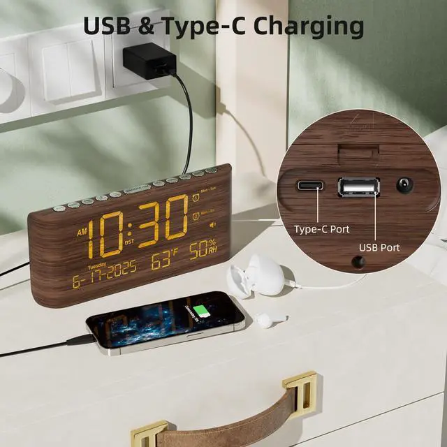 Alt view image 11 of 14 - Digital Alarm Clock, Dual Alarms, 8.7" Large LED Display, USB & Type-C Charging Ports, Temperature & Humidity Display, 5-Level Dimmer & Volume for Bedroom & Home Office, Dark Wood Grain Finish