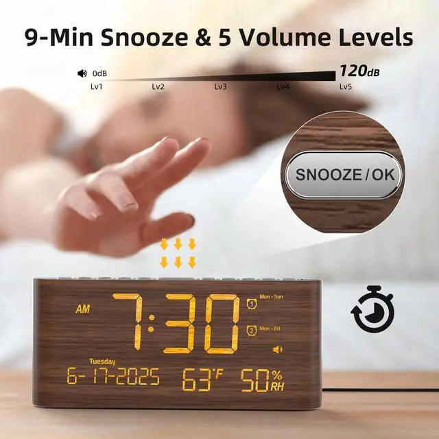 Alt view image 14 of 14 - Digital Alarm Clock, Dual Alarms, 8.7" Large LED Display, USB & Type-C Charging Ports, Temperature & Humidity Display, 5-Level Dimmer & Volume for Bedroom & Home Office, Dark Wood Grain Finish