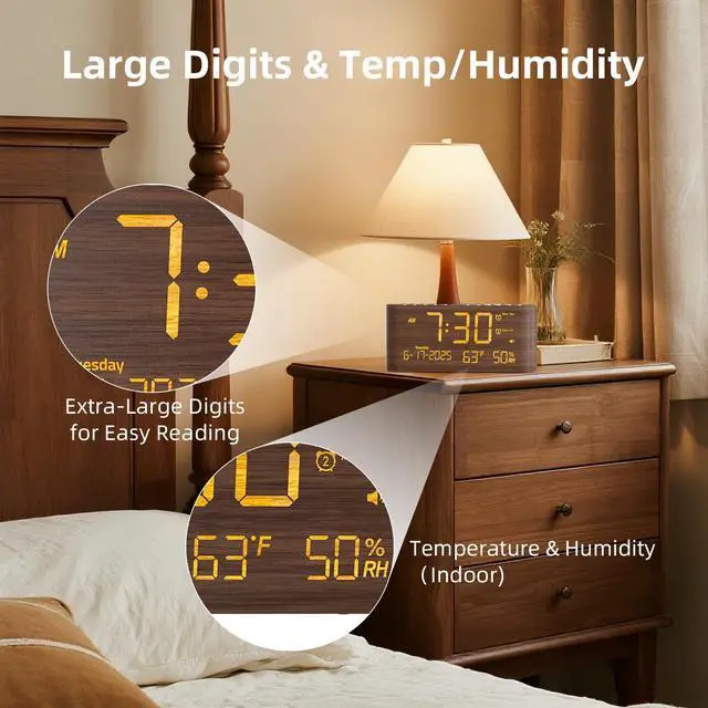 Alt view image 13 of 14 - Digital Alarm Clock, Dual Alarms, 8.7" Large LED Display, USB & Type-C Charging Ports, Temperature & Humidity Display, 5-Level Dimmer & Volume for Bedroom & Home Office, Dark Wood Grain Finish