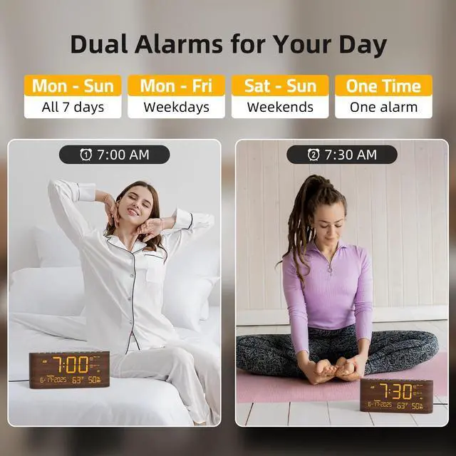 Alt view image 10 of 14 - Digital Alarm Clock, Dual Alarms, 8.7" Large LED Display, USB & Type-C Charging Ports, Temperature & Humidity Display, 5-Level Dimmer & Volume for Bedroom & Home Office, Dark Wood Grain Finish