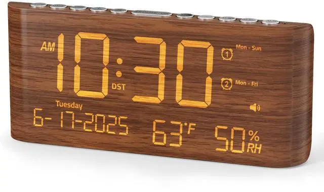 Alt view image 8 of 14 - Digital Alarm Clock, Dual Alarms, 8.7" Large LED Display, USB & Type-C Charging Ports, Temperature & Humidity Display, 5-Level Dimmer & Volume for Bedroom & Home Office, Dark Wood Grain Finish