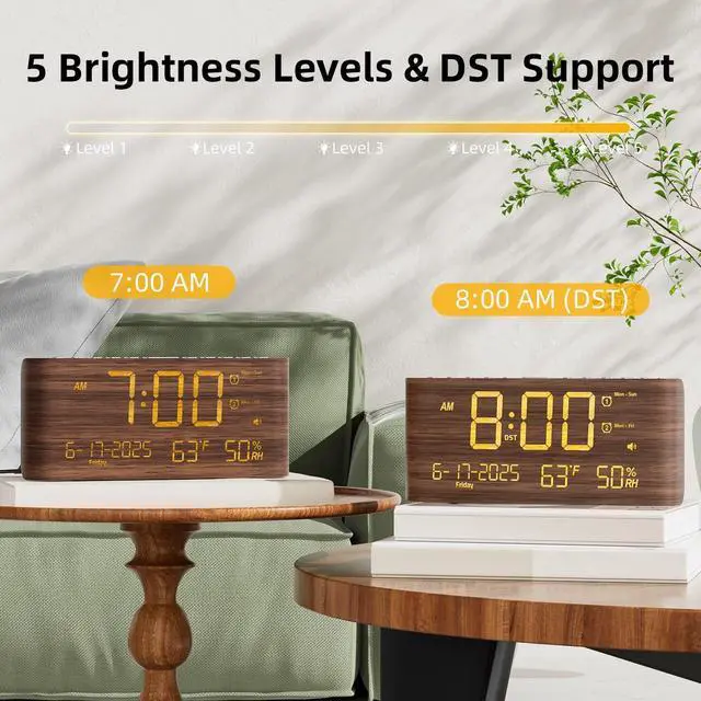 Alt view image 12 of 14 - Digital Alarm Clock, Dual Alarms, 8.7" Large LED Display, USB & Type-C Charging Ports, Temperature & Humidity Display, 5-Level Dimmer & Volume for Bedroom & Home Office, Dark Wood Grain Finish