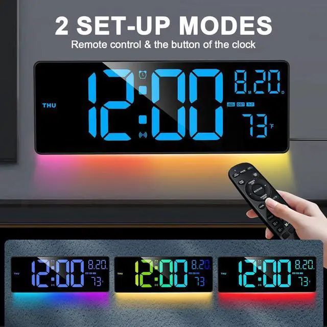 Alt view image 12 of 12 - 16.3" Bluetooth Large Digital Wall Clock with Remote Control, Auto Time Sync, 6 Color Night Lights Adjustable Dimmer 10 RGB Color Changing Large Display for Home, Gym, Office and Classroom