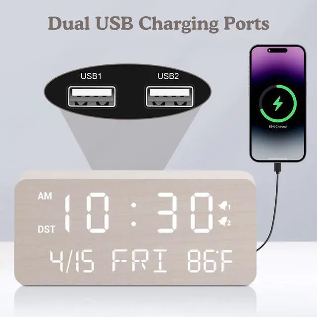 Alt view image 10 of 14 - Wooden Digital Alarm Clock with Wireless Charging, 0-100% Adjustable Brightness Dimmer and Alarm Volume, Weekday/Weekend Mode, Dual Alarm, Snooze, 12/24H, Wood LED Clock for Bedroom (White)