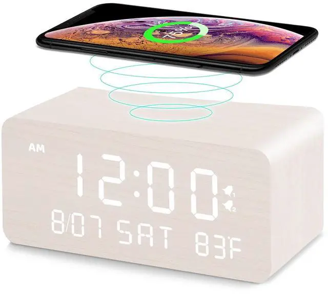 Alt view image 8 of 14 - Wooden Digital Alarm Clock with Wireless Charging, 0-100% Adjustable Brightness Dimmer and Alarm Volume, Weekday/Weekend Mode, Dual Alarm, Snooze, 12/24H, Wood LED Clock for Bedroom (White)