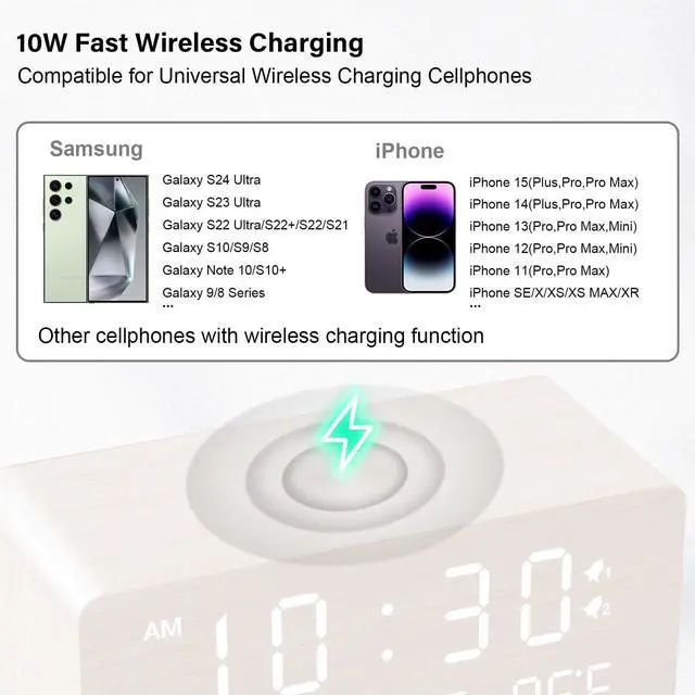 Alt view image 11 of 14 - Wooden Digital Alarm Clock with Wireless Charging, 0-100% Adjustable Brightness Dimmer and Alarm Volume, Weekday/Weekend Mode, Dual Alarm, Snooze, 12/24H, Wood LED Clock for Bedroom (White)