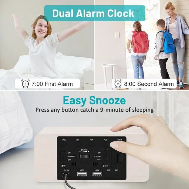 Alt view image 13 of 14 - Wooden Digital Alarm Clock with Wireless Charging, 0-100% Adjustable Brightness Dimmer and Alarm Volume, Weekday/Weekend Mode, Dual Alarm, Snooze, 12/24H, Wood LED Clock for Bedroom (White)