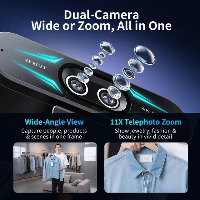 Alt view image 10 of 14 - C60E Dual-Camera 4K Webcam for Streaming, Wide-Angle and Telephoto Cameras, Max 11X Hybrid Zoom & PDAF Autofocus, Remote Control, RGB Lighting, 2 Mics, Ideal for Livestreaming and Online Meeting