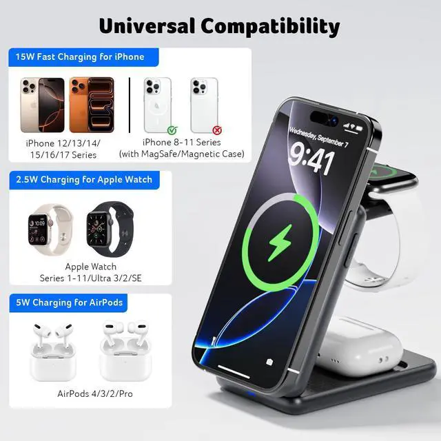 Alt view image 14 of 14 - 3 in 1 Charging Station for Apple Device, Magnetic Wireless Foldable Fast Charger Stand Compatible with MagSafe for iPhone, Apple Watch & AirPods, Foldable Charging Dock for Desk S3