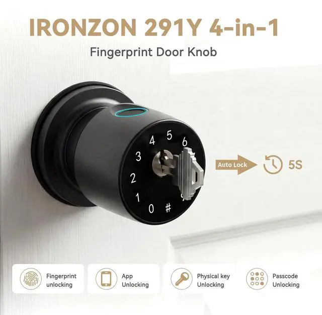 Alt view image 9 of 14 - Fingerprint Door Knob for Bedroom - 291Y 4-in-1 Keyless Bedroom Door Knob Smart Lock with App, One-tap Privacy Mode Setup, Auto-Lock Easy to Install - Matte Black