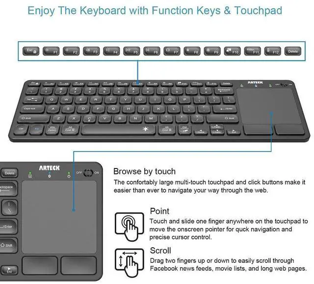 Alt view image 9 of 14 - Universal Backlit 7-Colors Bluetooth Touch TV Keyboard with Easy Media Control and Build-in Touchpad for TV-Connected Computer, Smart TV, Desktop, Laptop, iPad, Surface, Tablet, HTPC