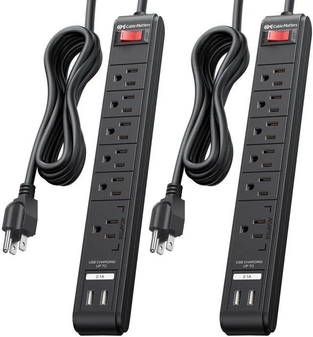 Alt view image 8 of 14 - 2-Pack 6-Outlet Surge Protector Power Strip with USB Ports - 8ft, Long Extension Cord, Surge Protector with USB Ports, Black