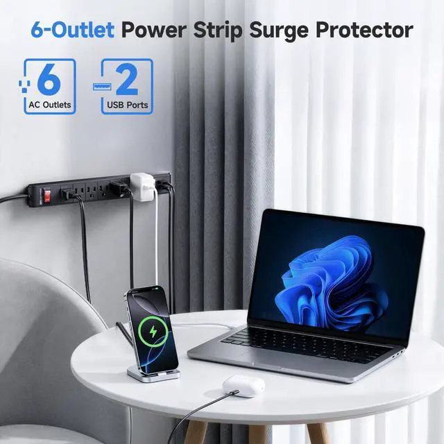 Alt view image 9 of 14 - 2-Pack 6-Outlet Surge Protector Power Strip with USB Ports - 8ft, Long Extension Cord, Surge Protector with USB Ports, Black