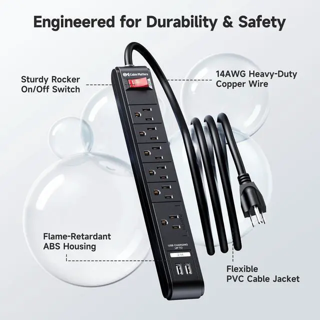 Alt view image 12 of 14 - 2-Pack 6-Outlet Surge Protector Power Strip with USB Ports - 8ft, Long Extension Cord, Surge Protector with USB Ports, Black