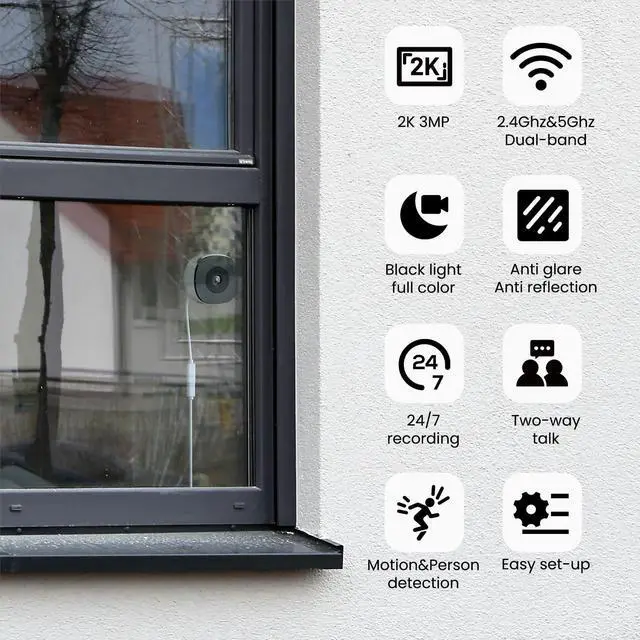 Alt view image 9 of 14 - 2K No Drill Window Camera-2 Pack 2.4Ghz & 5Ghz WiFi Dome Cameras for Home Security for Indoor & Outdoor Monitoring, Color Night Vision, Human Detection, 24/7 Recording, Ideal for Apartment, K1