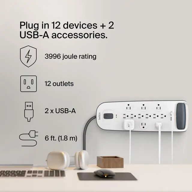 Alt view image 9 of 14 - Power Strip Surge Protector - 12 AC Multiple Outlets & 2 USB Ports - 6 ft Long Flat Plug Extension Cord for Home, Office, Travel, Computer Desktop & Charging Brick - White (3,996 Joules)
