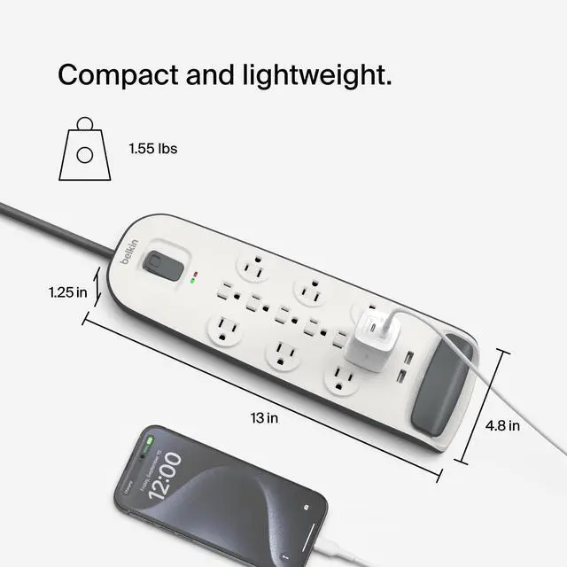 Alt view image 11 of 14 - Power Strip Surge Protector - 12 AC Multiple Outlets & 2 USB Ports - 6 ft Long Flat Plug Extension Cord for Home, Office, Travel, Computer Desktop & Charging Brick - White (3,996 Joules)