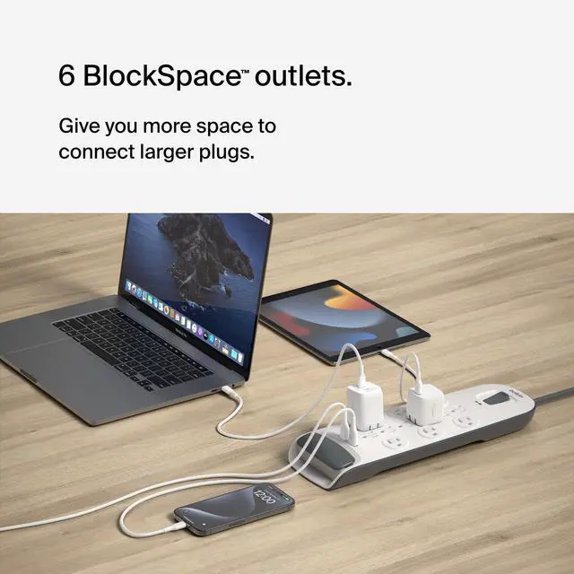 Alt view image 13 of 14 - Power Strip Surge Protector - 12 AC Multiple Outlets & 2 USB Ports - 6 ft Long Flat Plug Extension Cord for Home, Office, Travel, Computer Desktop & Charging Brick - White (3,996 Joules)