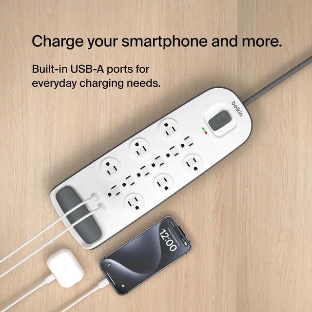 Alt view image 12 of 14 - Power Strip Surge Protector - 12 AC Multiple Outlets & 2 USB Ports - 6 ft Long Flat Plug Extension Cord for Home, Office, Travel, Computer Desktop & Charging Brick - White (3,996 Joules)