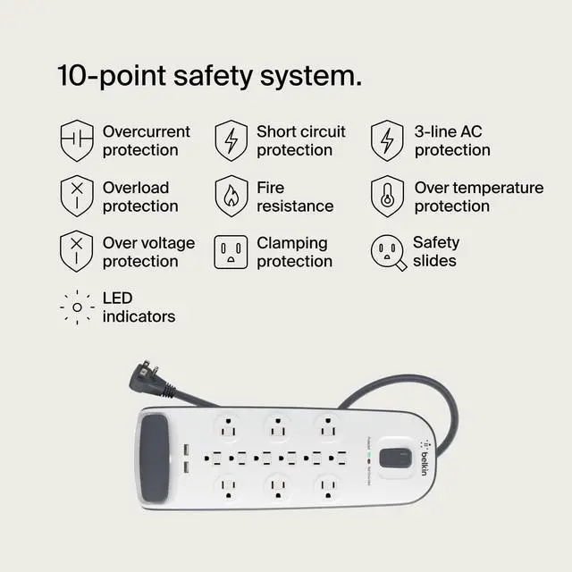 Alt view image 10 of 14 - Power Strip Surge Protector - 12 AC Multiple Outlets & 2 USB Ports - 6 ft Long Flat Plug Extension Cord for Home, Office, Travel, Computer Desktop & Charging Brick - White (3,996 Joules)
