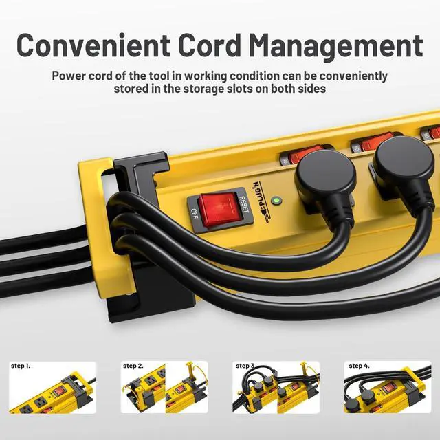 Alt view image 10 of 14 - Heavy Duty Power Strip with 3300J Surge Protector,10 Outlets Individual Switches with Cord Manager,15A/1875W/14AWG/9FT Cord,Metal Power Strip for Garage,Workshop,Home,Office