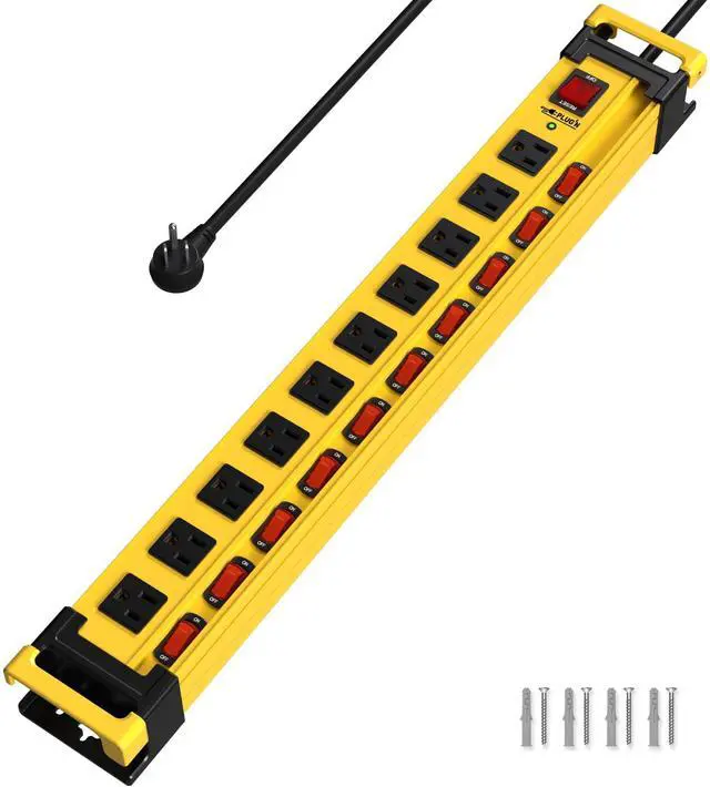 Alt view image 8 of 14 - Heavy Duty Power Strip with 3300J Surge Protector,10 Outlets Individual Switches with Cord Manager,15A/1875W/14AWG/9FT Cord,Metal Power Strip for Garage,Workshop,Home,Office