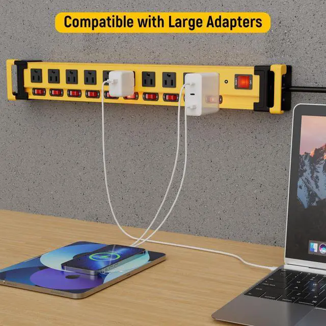 Alt view image 14 of 14 - Heavy Duty Power Strip with 3300J Surge Protector,10 Outlets Individual Switches with Cord Manager,15A/1875W/14AWG/9FT Cord,Metal Power Strip for Garage,Workshop,Home,Office