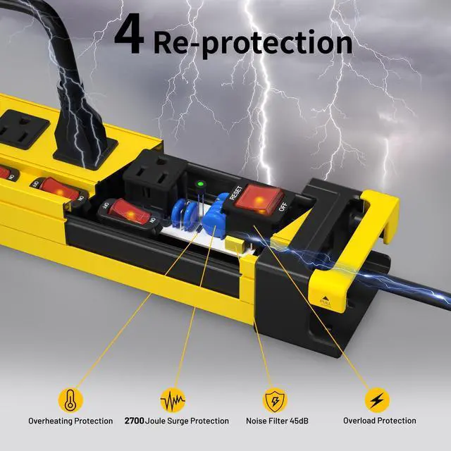 Alt view image 11 of 14 - Heavy Duty Power Strip with 3300J Surge Protector,10 Outlets Individual Switches with Cord Manager,15A/1875W/14AWG/9FT Cord,Metal Power Strip for Garage,Workshop,Home,Office