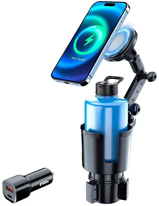Alt view image 8 of 14 - for Magnetic Cup Holder Charger, 360° Rotating Wireless Magnetic Car Charger, Fast Charging Phone Holder for iPhone 17 16 15 14 13 12 and Samsung Galaxy S20 Above Series [With QC 3.0 Adapter