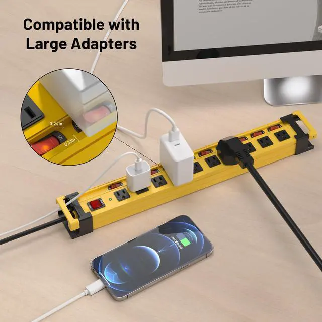 Alt view image 9 of 14 - Heavy Duty Power Strip with 3300J Surge Protector,10 Outlets Individual Switches with Cord Manager,15A/1875W/14AWG/9FT Cord,Metal Power Strip for Garage,Workshop,Home,Office