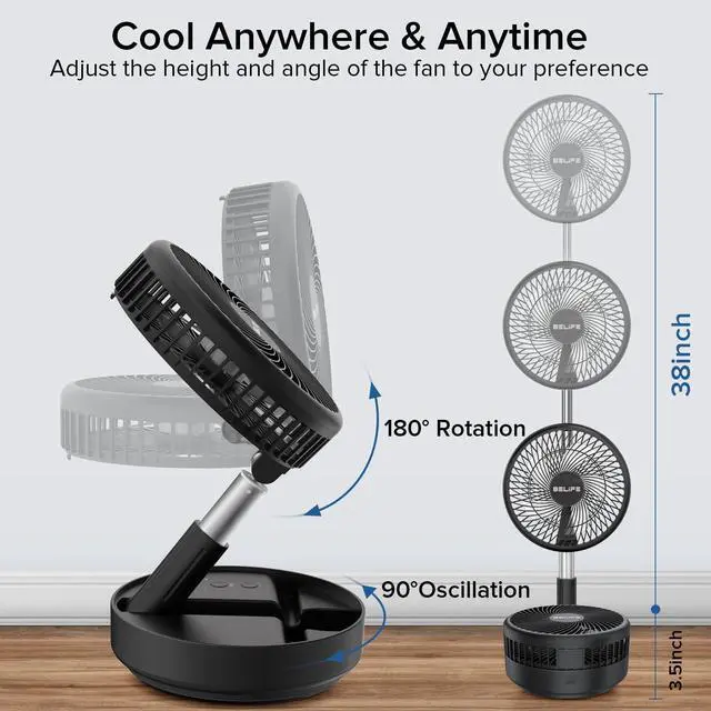 Alt view image 9 of 14 - X8 Portable Fan, 7200mAh Battery Powered Rechargeable, Oscillating USB Desk Floor Fan with Remote, Foldable Telescopic Fan for Home Bedroom Sleeping Office Camping Travel, 7.7" (Black)