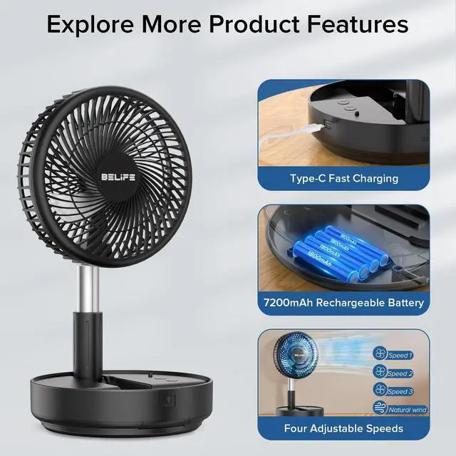 Alt view image 10 of 14 - X8 Portable Fan, 7200mAh Battery Powered Rechargeable, Oscillating USB Desk Floor Fan with Remote, Foldable Telescopic Fan for Home Bedroom Sleeping Office Camping Travel, 7.7" (Black)