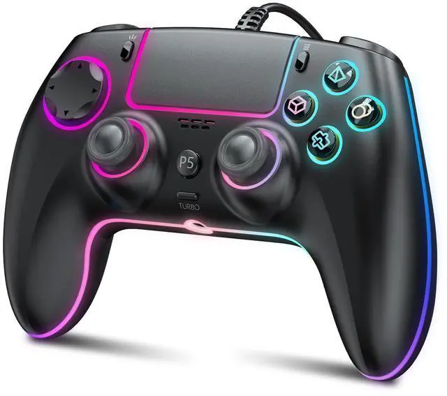 Alt view image 8 of 14 - RGB Wired Controller for PS5/PS4 and PC with Hall Effect Joystick and Trigger, 3.5mm Audio Jack, Support Tubro/Ma cro Function, Adjustable Dual Vibration 6-Axis Motion Control Gamepad
