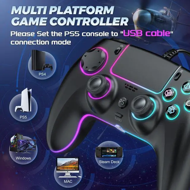 Alt view image 9 of 14 - RGB Wired Controller for PS5/PS4 and PC with Hall Effect Joystick and Trigger, 3.5mm Audio Jack, Support Tubro/Ma cro Function, Adjustable Dual Vibration 6-Axis Motion Control Gamepad