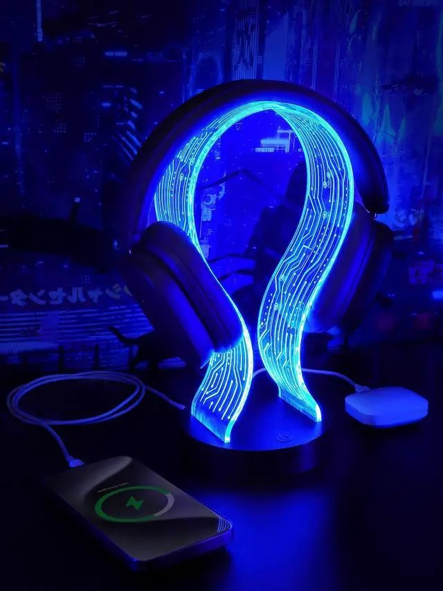 Alt view image 8 of 14 - Light Up Headphone Stand with 16 Color Lights, PCB Pattern Acrylic Headset Stand with 1 USB and 1 Type-C Charging Ports, Easter Gifts for Gamers Men Boy and Music Lovers