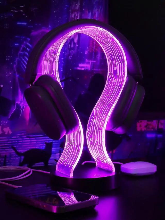 Alt view image 10 of 14 - Light Up Headphone Stand with 16 Color Lights, PCB Pattern Acrylic Headset Stand with 1 USB and 1 Type-C Charging Ports, Easter Gifts for Gamers Men Boy and Music Lovers