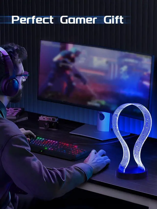 Alt view image 12 of 14 - Light Up Headphone Stand with 16 Color Lights, PCB Pattern Acrylic Headset Stand with 1 USB and 1 Type-C Charging Ports, Easter Gifts for Gamers Men Boy and Music Lovers