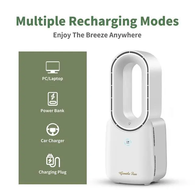 Alt view image 12 of 14 - Rechargeable Desk Fan, 5-color LED Light Bladeless Table Fan of 11.8 Inch, White Desk Fans Small Quiet for Bedroom, Home, Office