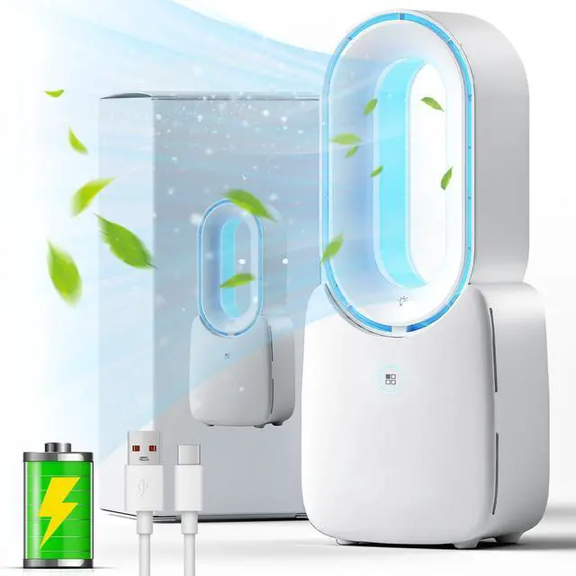 Alt view image 8 of 14 - Rechargeable Desk Fan, 5-color LED Light Bladeless Table Fan of 11.8 Inch, White Desk Fans Small Quiet for Bedroom, Home, Office
