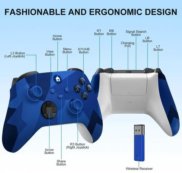 Alt view image 14 of 14 - Xbox One Controller,Xbox Controller Wireless for Xbox One, Xbox Series X/S,Wireless Controller with 3.5mm Audio Jack,with 2.4GHz Wireless Adapter,Camo Blue