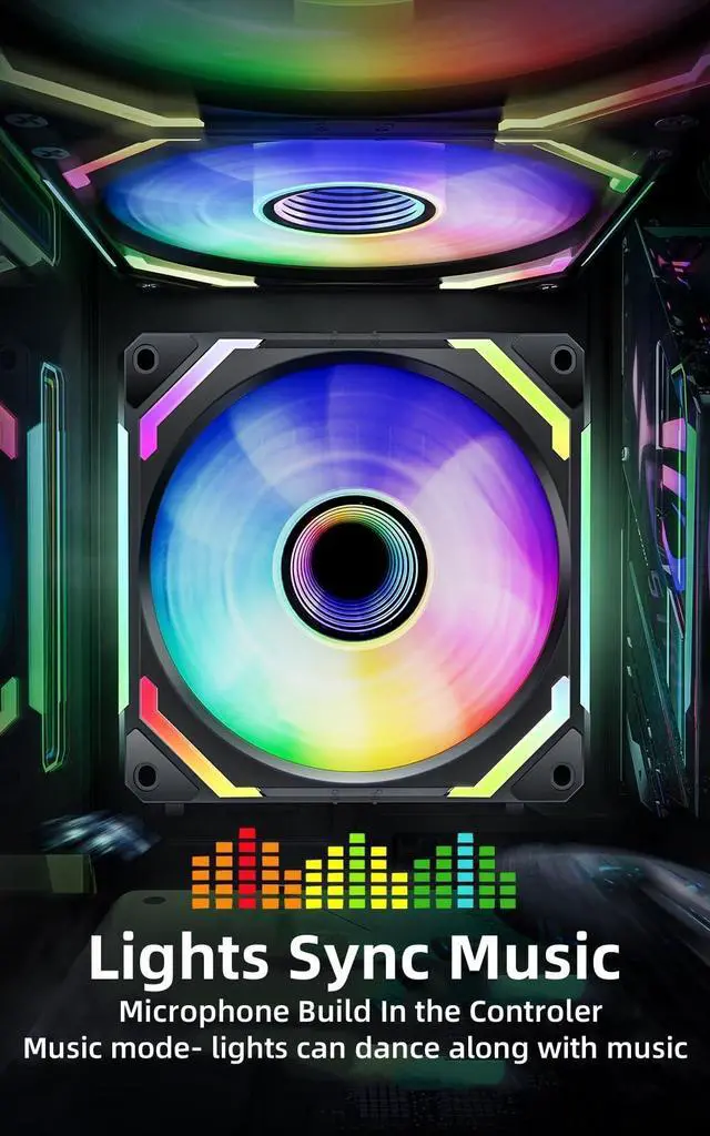 Alt view image 11 of 14 - COSMIQ 120mm Case Fan, Infinity Mirror FDB Reverse Fan with 5V 3-PIN Connector and Small Controller, 2000 RPM and 68.5CFM,Unit Daisy Chain PWM RGB PC Fans for Cases CPU Liquid Coolers, 3Pack
